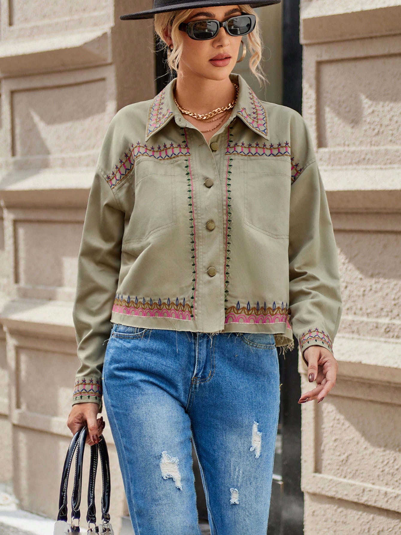 Geo Print Drop Shoulder Pocket Patched Jacket